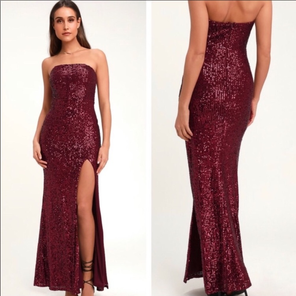 Stunning burgundy sequin strapless maxi dress